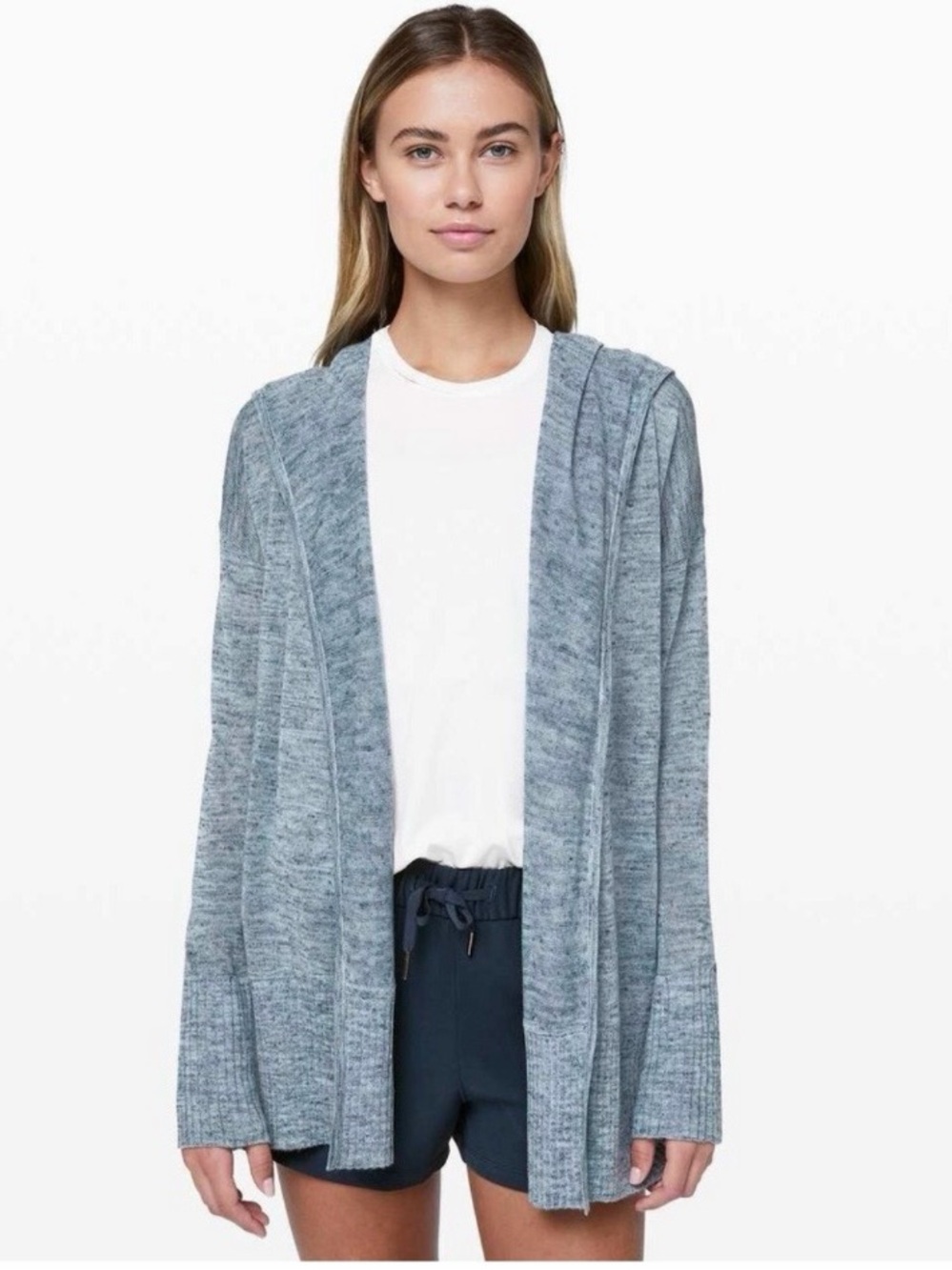 Lululemon Calm and Collected Wrap Heathered Sailboat Navy Hooded Cardigan $148